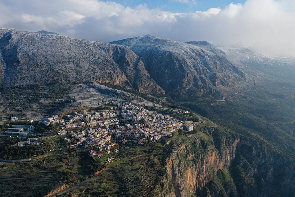 Aerial,View,Of,Delphi,,Greece,At,Sunrise,,The,Gulf,Of